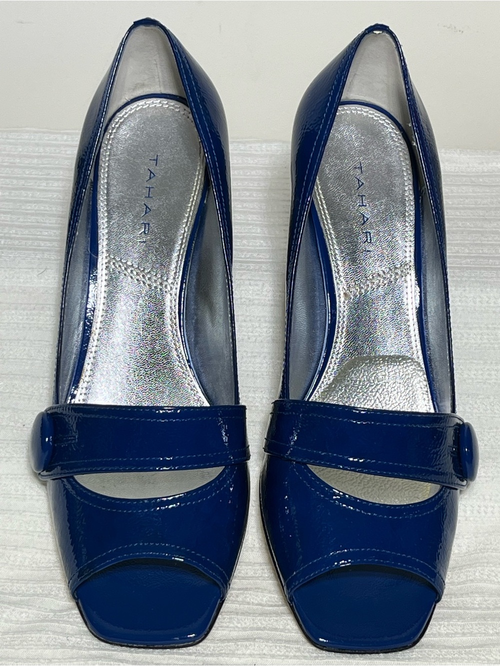 Tahari Navy Patent Peep-Toe Pumps with Strap Detail- 9.5